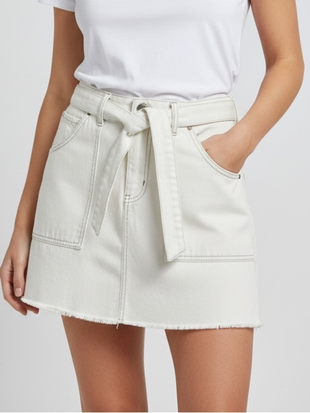 Abercrombie & Fitch Belted White Denim Mini Skirt 100% Cotton Sz 8/29 Festival - Picture 7 of 7
